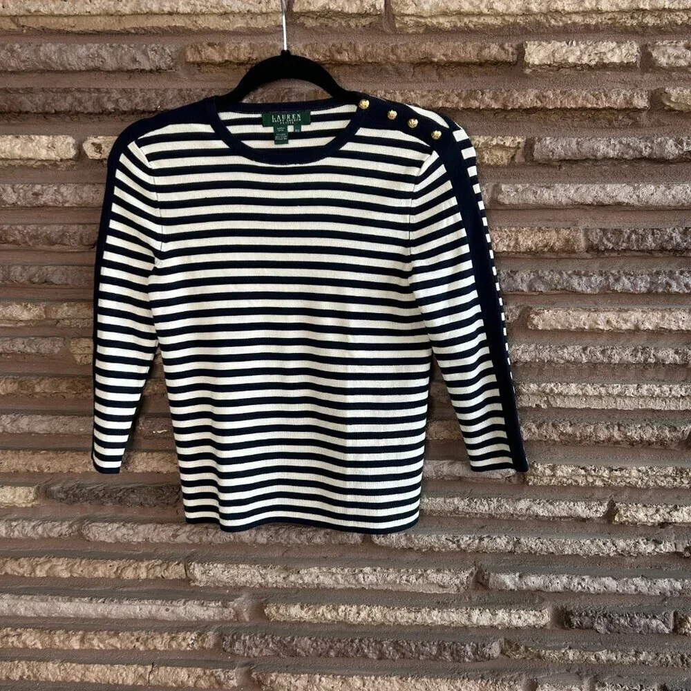 Lauren Ralph Lauren Navy Blue White Nautical Stripe Silk Blend Sweater Small P